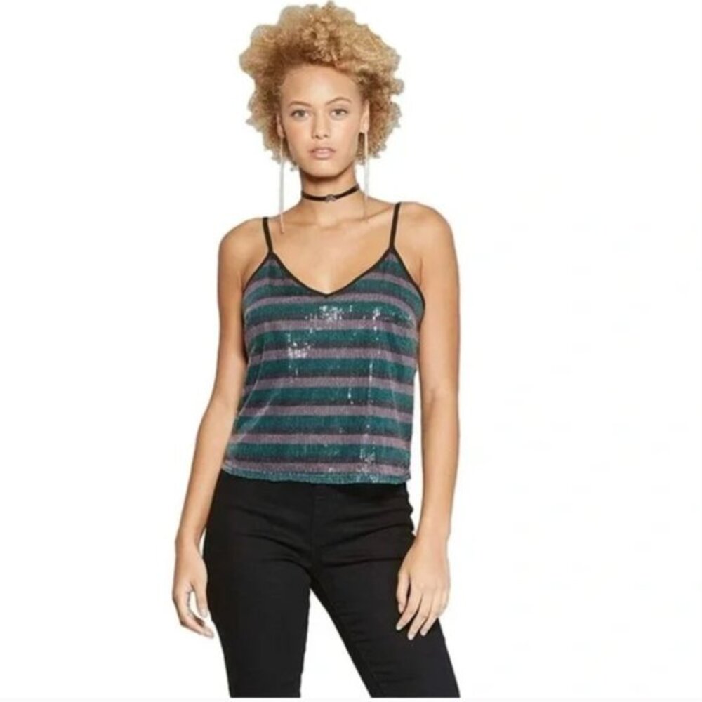 Wild Fable Striped Sequined Tank Top - Green/Black/Brown